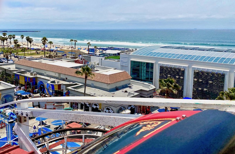 View of the Mission Beach from the top of the rollercoaster at Belmont Park in San Diego