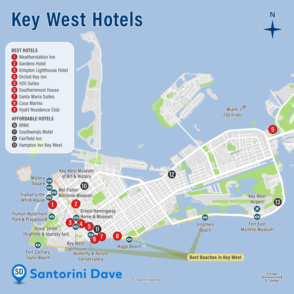 Map of best hotels and beach resorts in Key West, Florida Keys