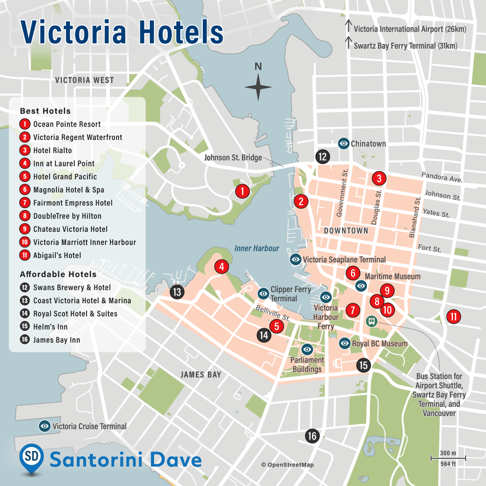 Map of hotels in downtown Victoria, BC, Canada.