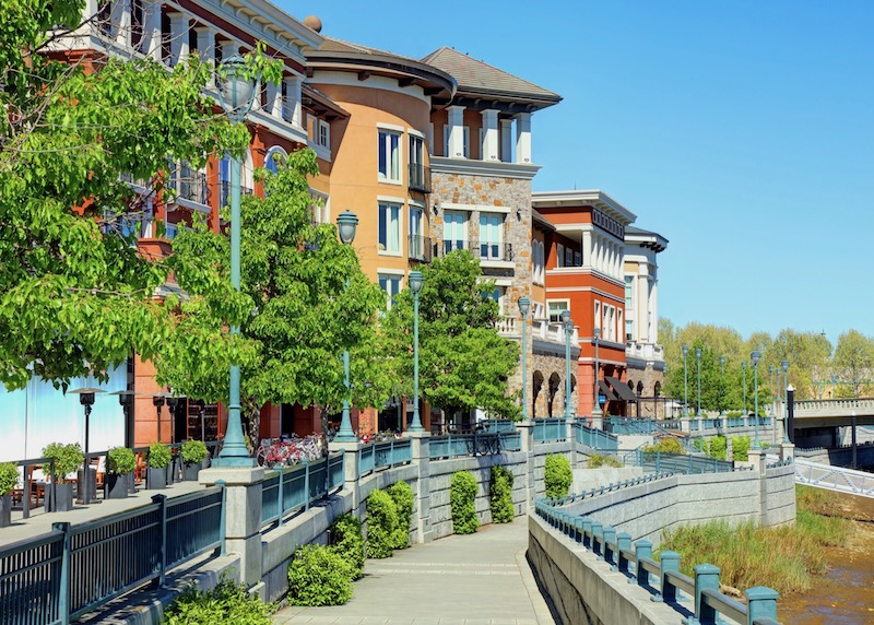 Buildings along the Riverfont Promenade in Downtown Napa in California Wine Country