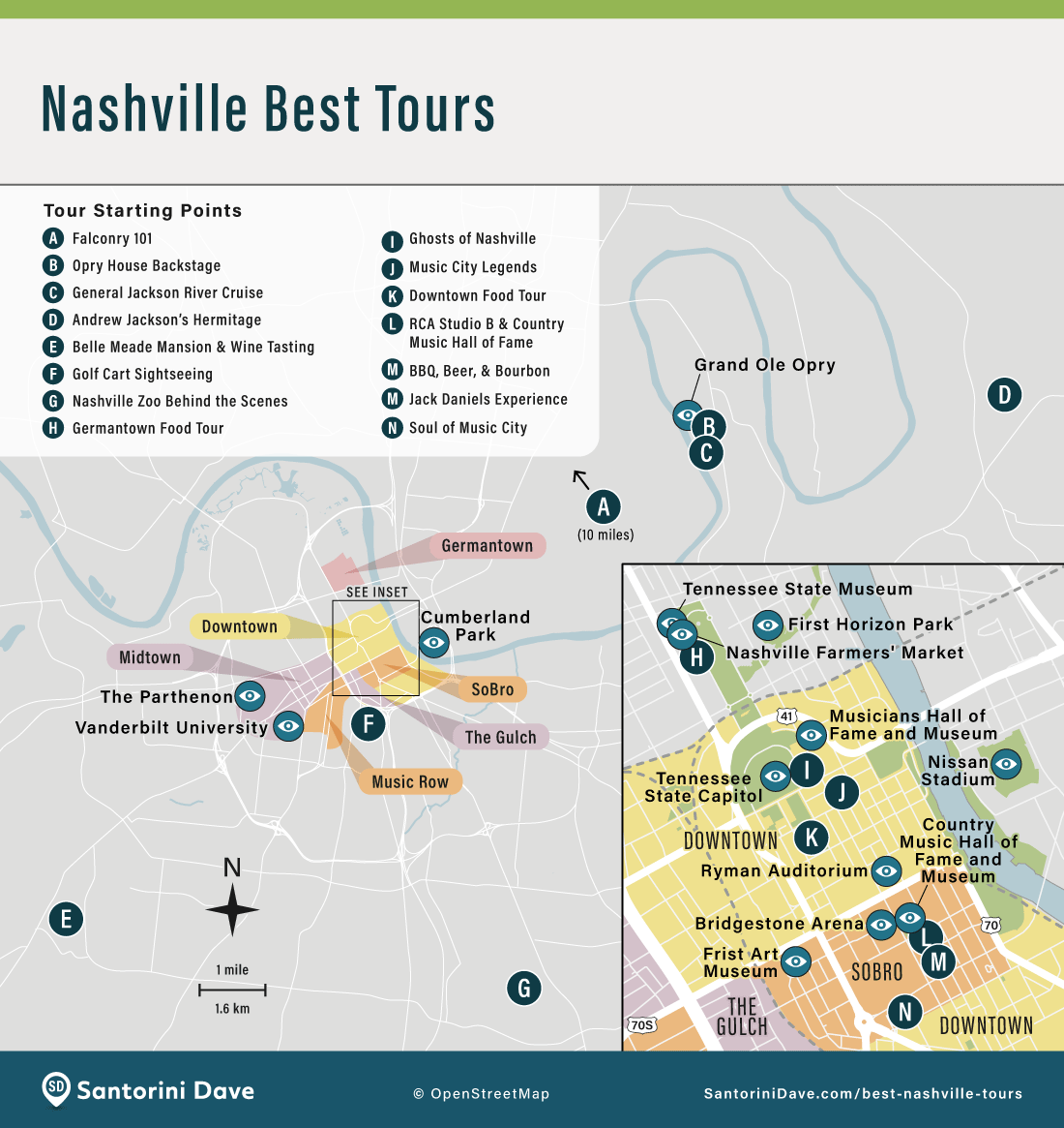 Map showing the starting location of sightseeing tours in Nashville, Tennessee.