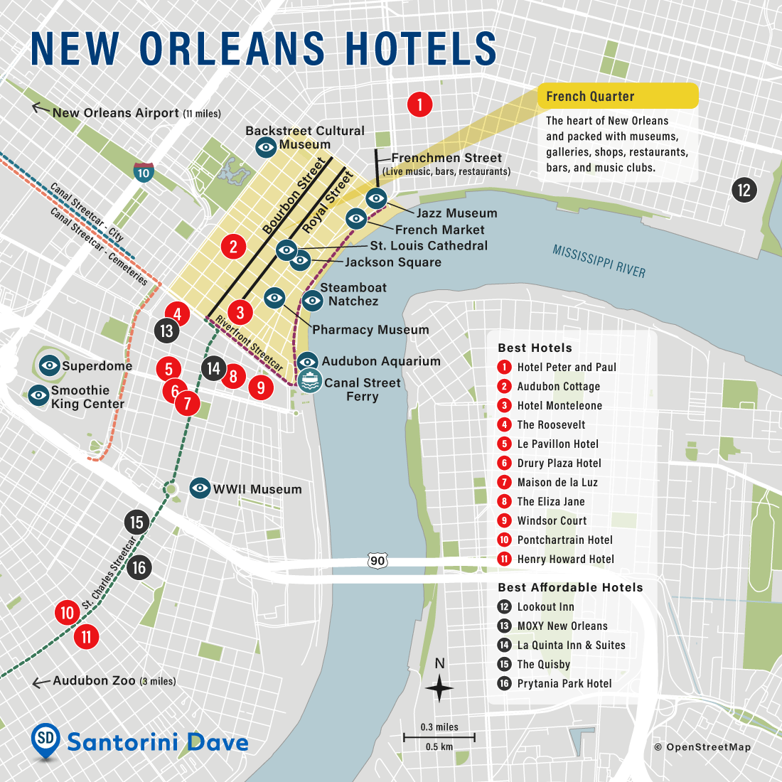 Map of Best Hotels and Neighborhoods in New Orleans, Louisiana.