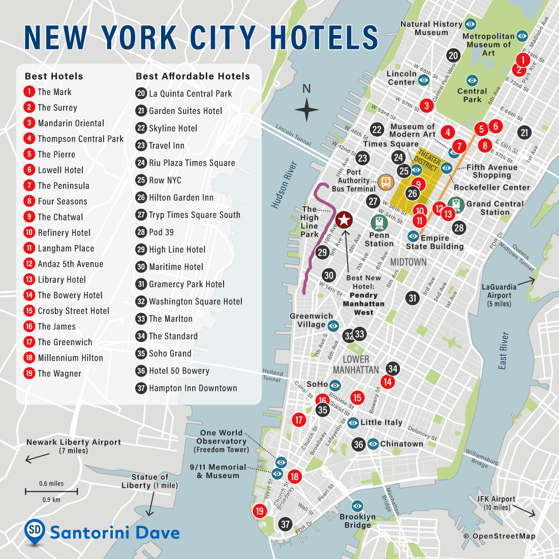 Map of hotels in Manhattan, NYC.