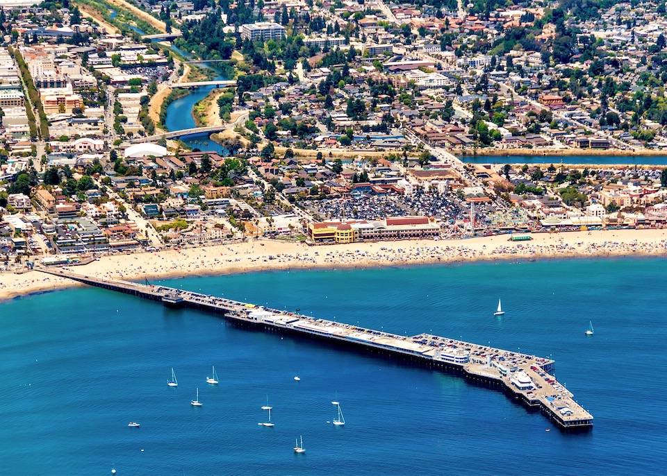 View of Santa Cruz with the wharf, beach, boardwalk, and San Lorenzo River