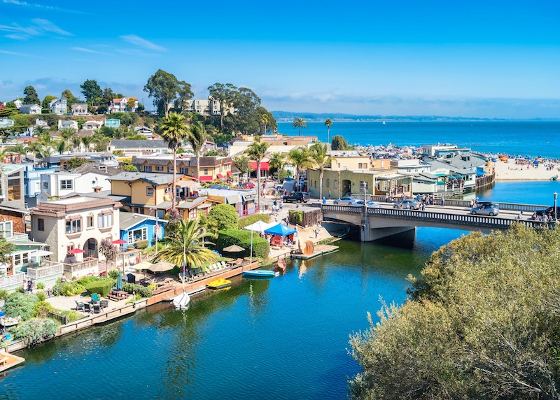 Capitola city view from above Soquel Creek toward the beach