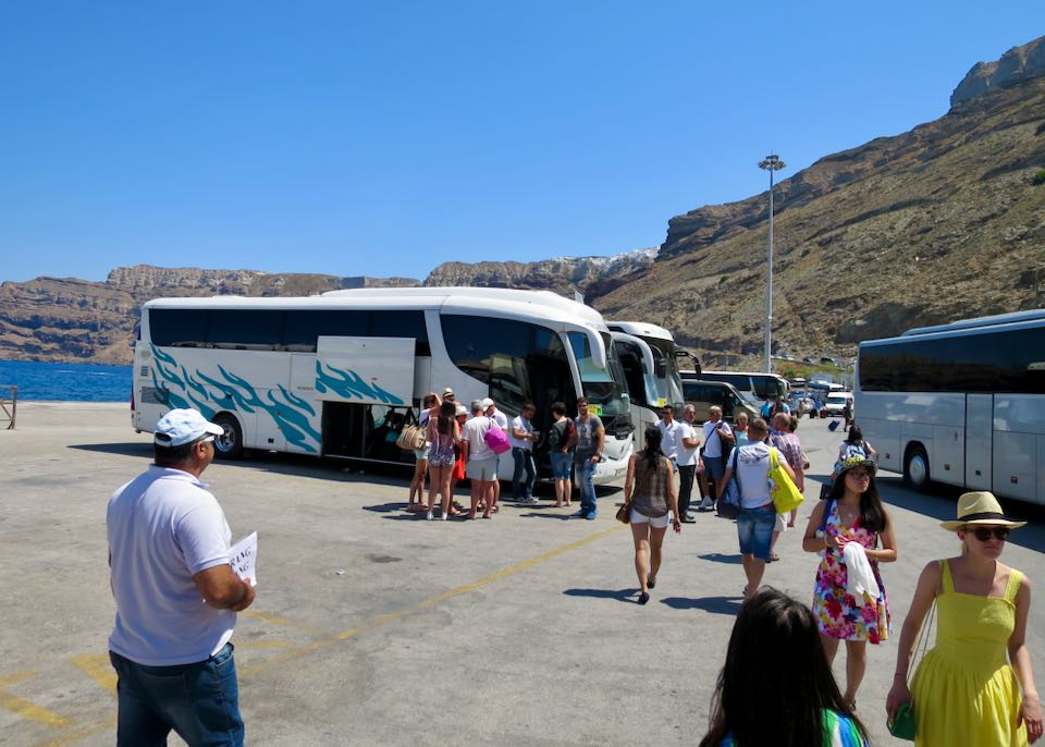 Bus at Santorini ferry port.