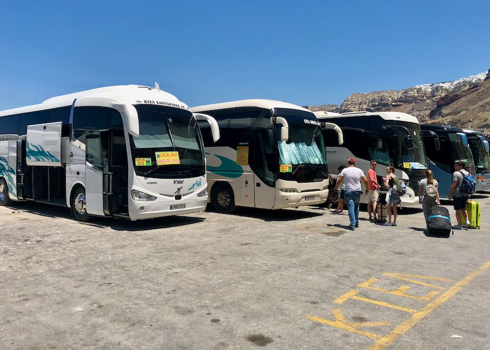 Buses at the Santorini ferry port.