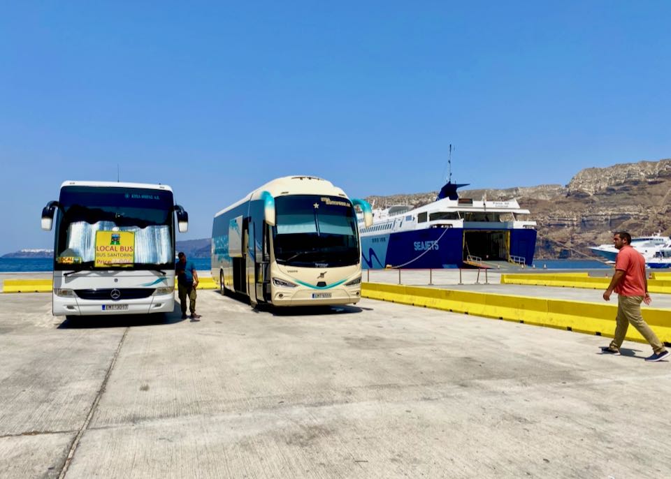 Buses at the Santorini ferry port.