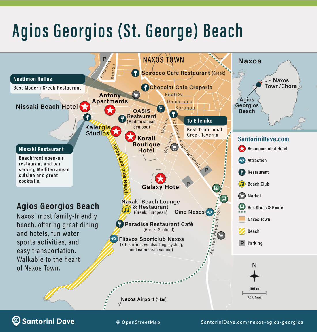 Map showing hotels, restaurants, and beach clubs at Agios Georgios Beach on Naxos.