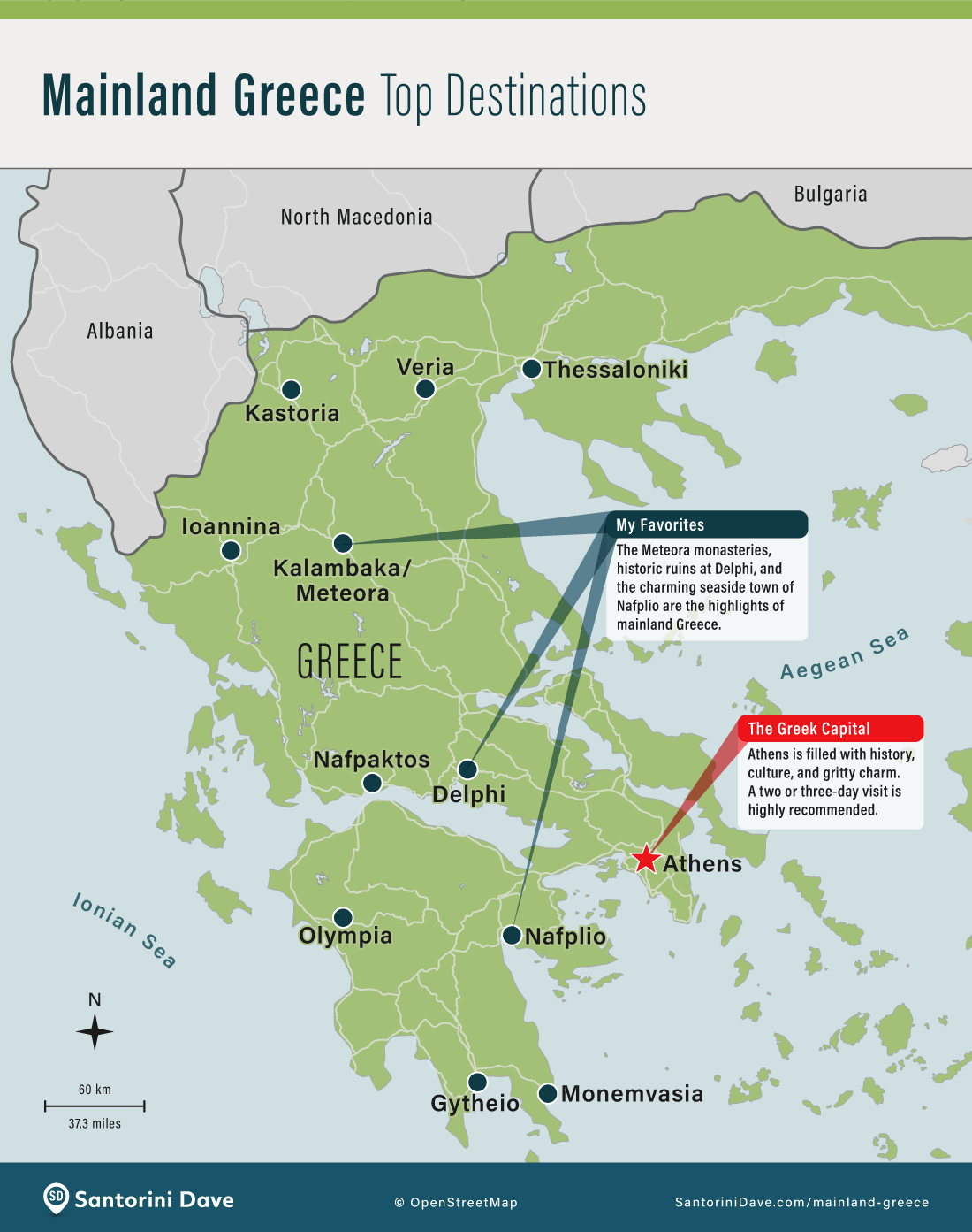 Map of the top destinations on Mainland Greece.