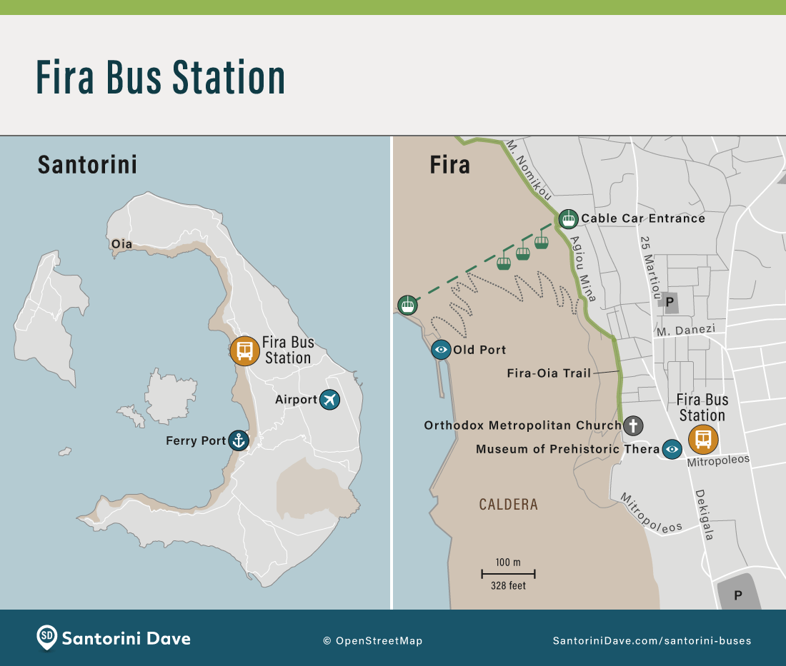Map showing the location of the Fira bus station on Santorini