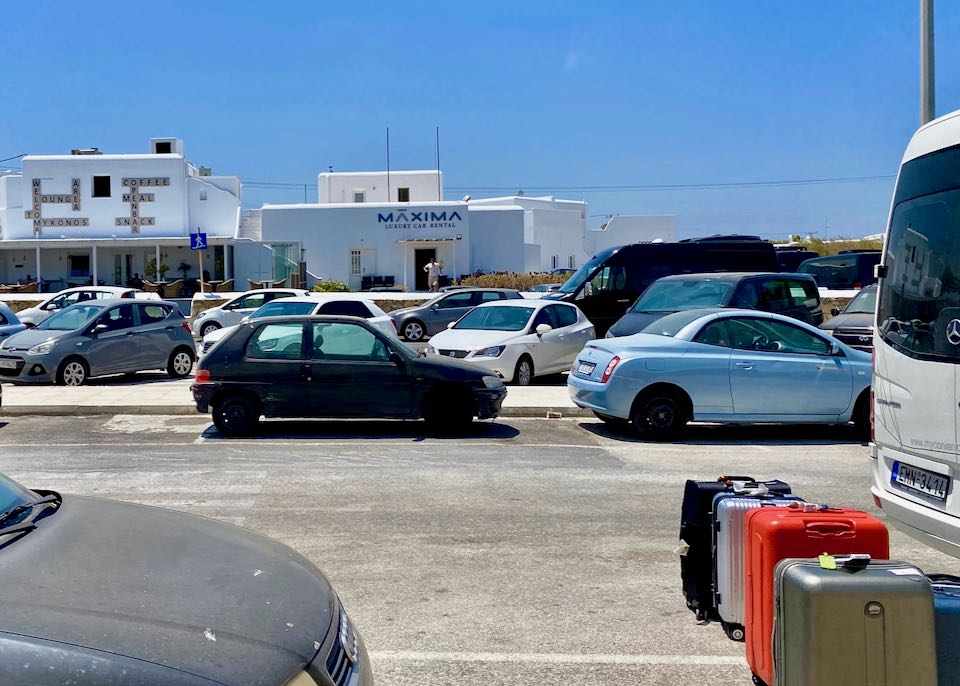 Rental cars near Mykonos Airport.