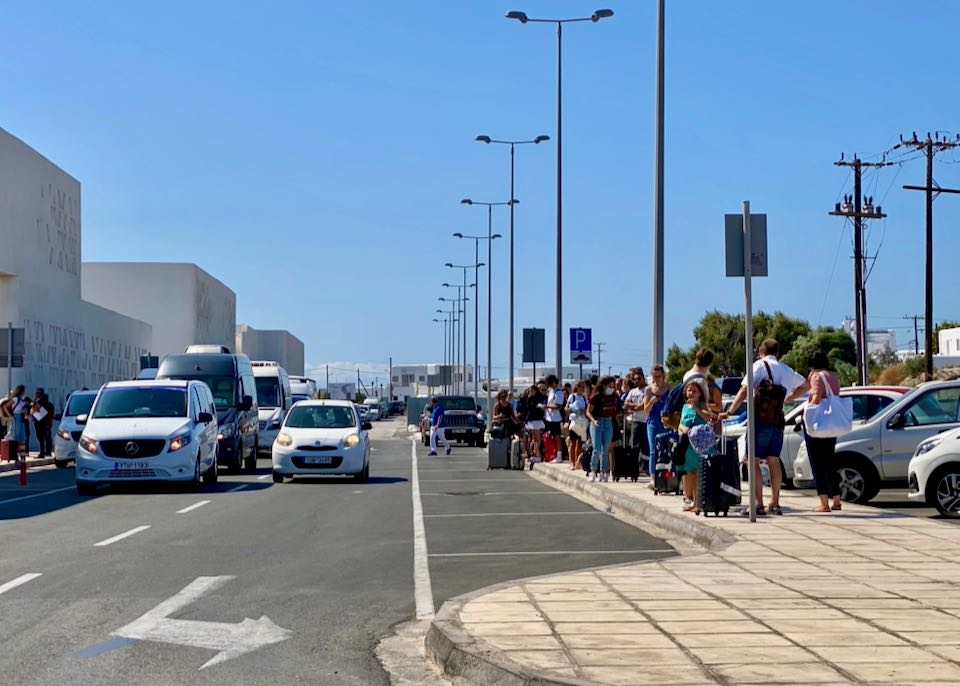 Line for taxis at Mykonos Airport.