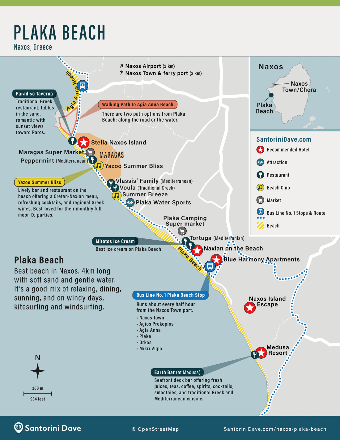 Map of hotels, restaurants, bars, and beach clubs on Plaka Beach in Naxos, Greece.