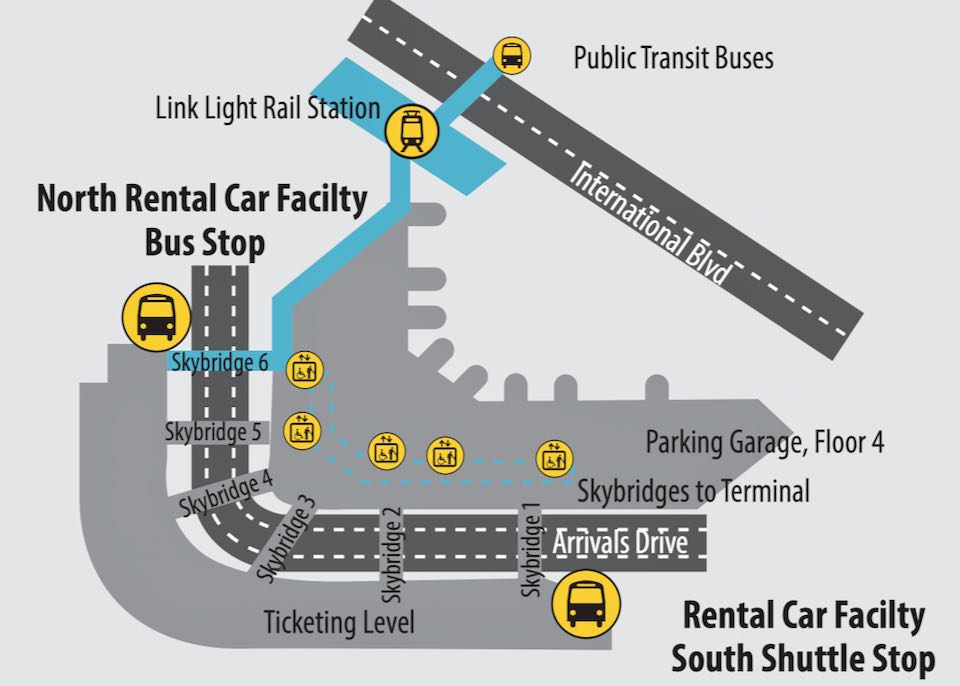 Map of SeaTac shuttle bus locations.