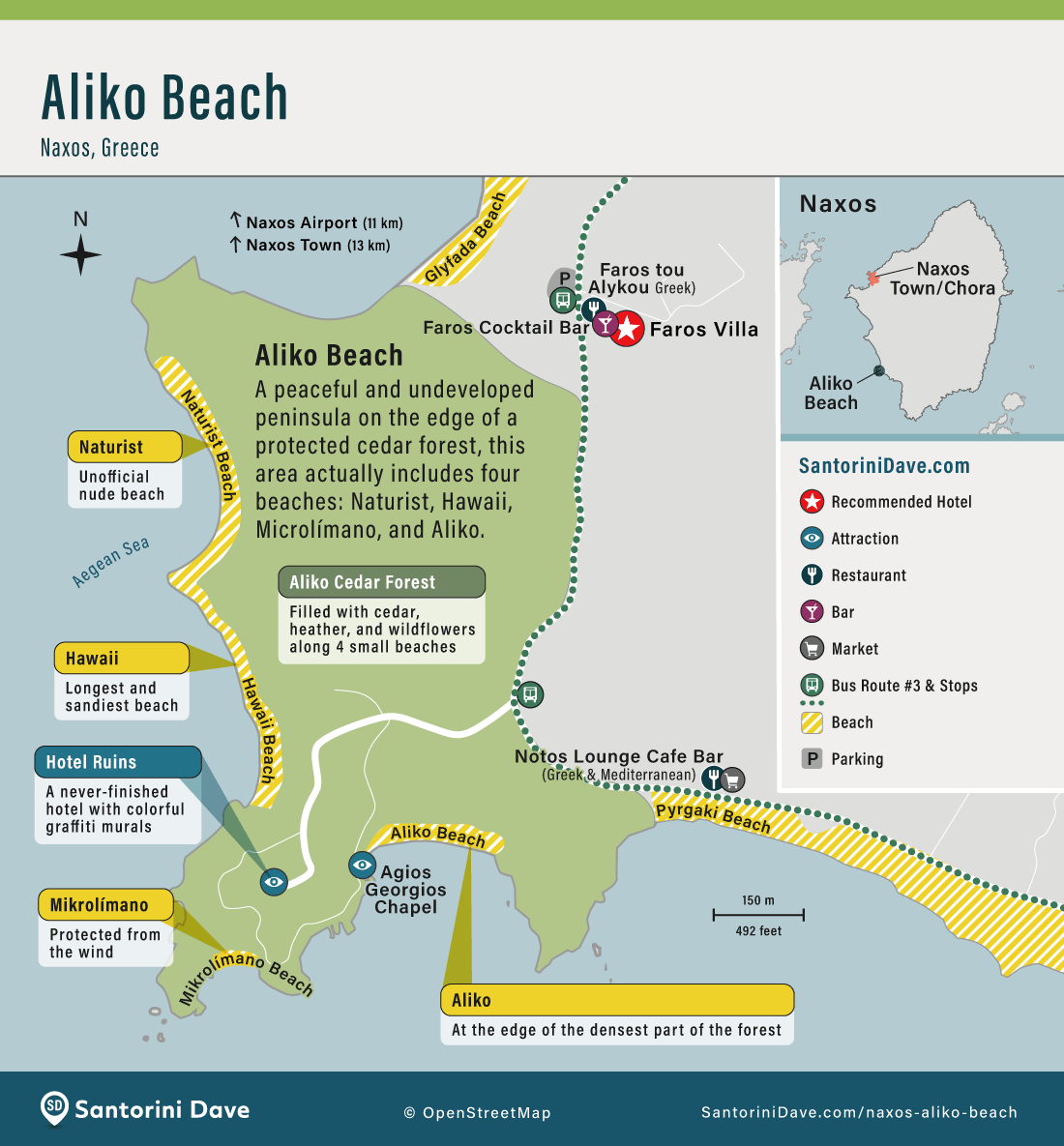 Map showing the locations, features, bus routes, and facilities at Aliko Beach on Naxos.