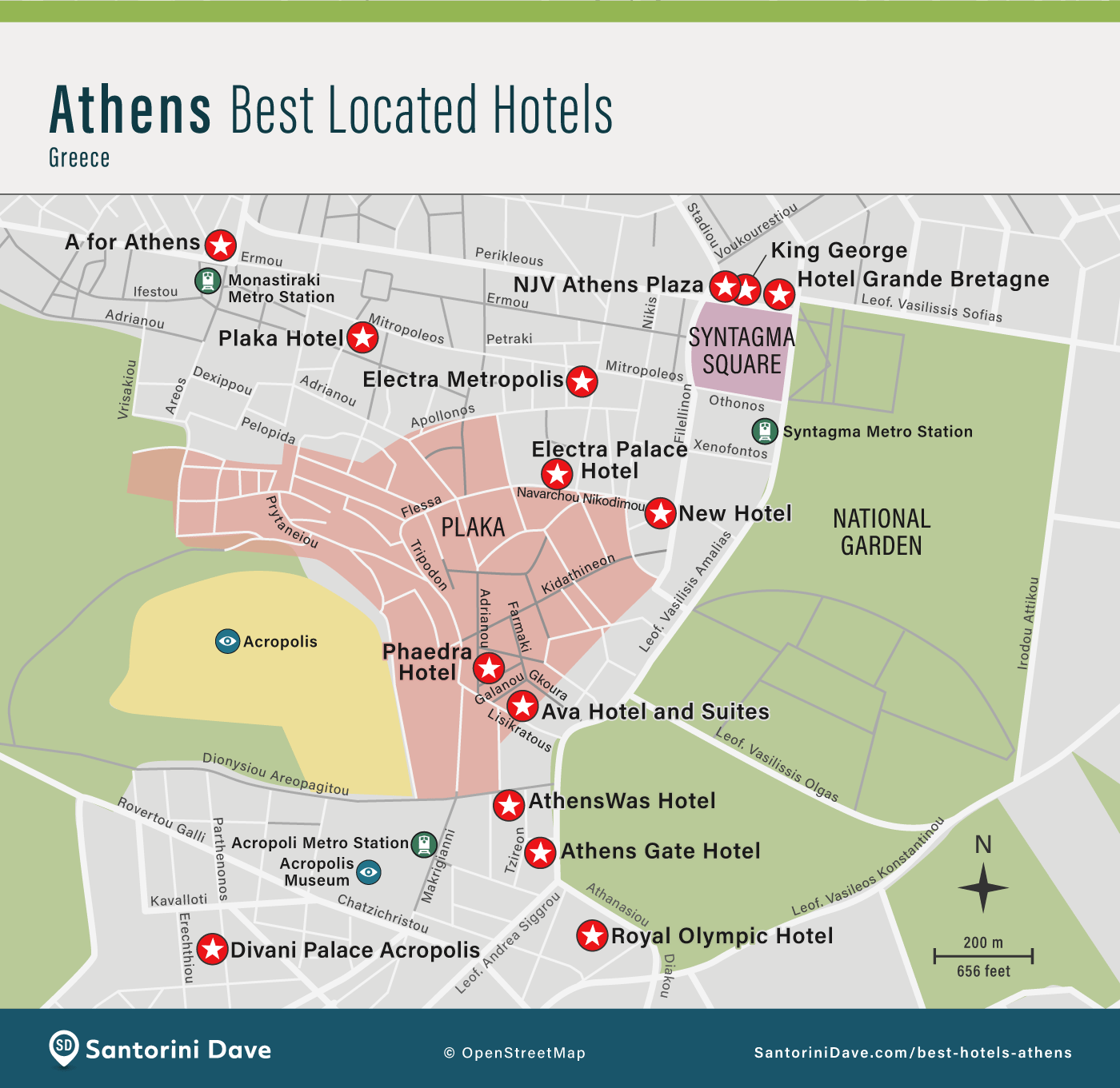Map showing hotels in Athens with central locations