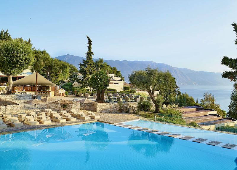 Corfu resort with pool and views.