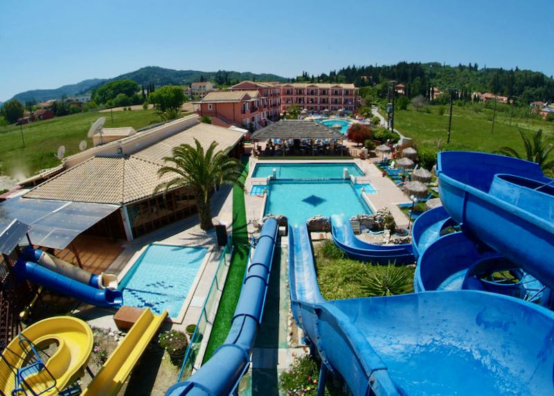 Water park and slides at family-friendly resort in Corfu.