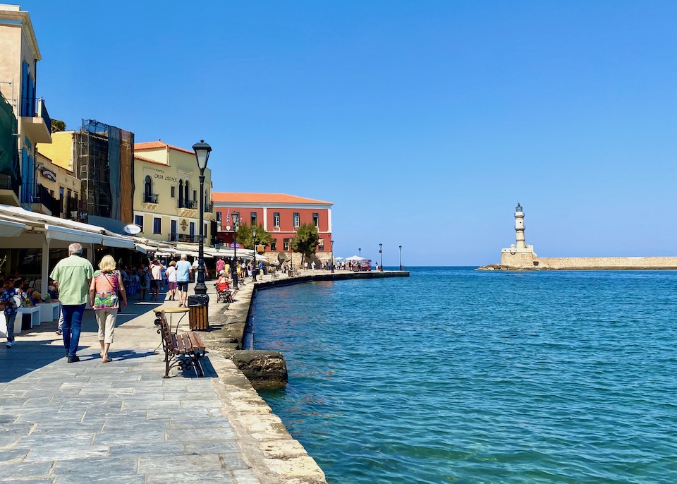 View of the harbor and lighthouse in Chania, Crete
