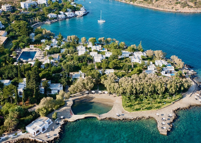 Aerial view of Minos Beach Art Hotel in Agios Nikolaos, Crete