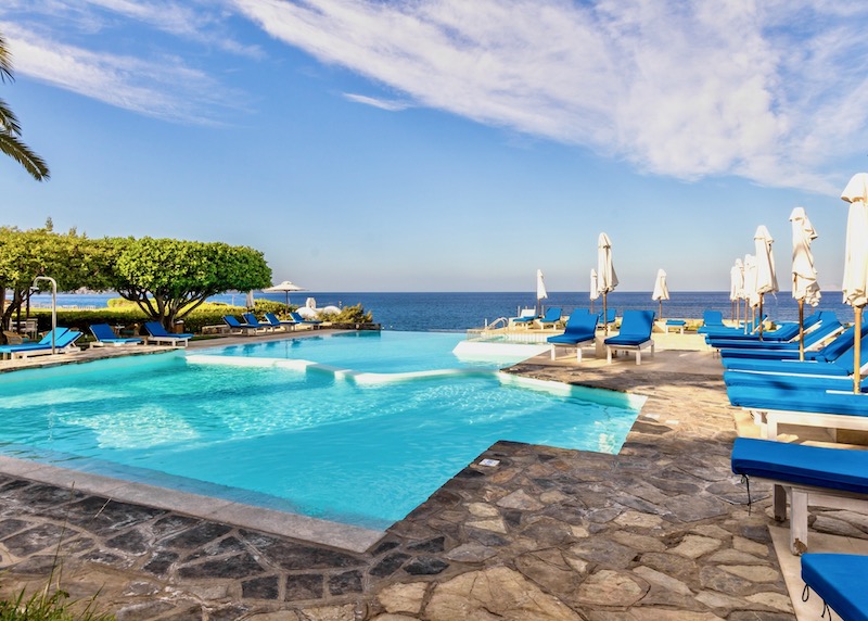 Pool and sea view at St Nicolas Bay Resort in Agios Nikolaos, Crete