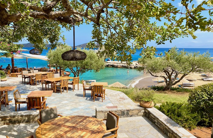 Seaview restaurant and beach at Elounda Mare Resort in Elounda, Crete