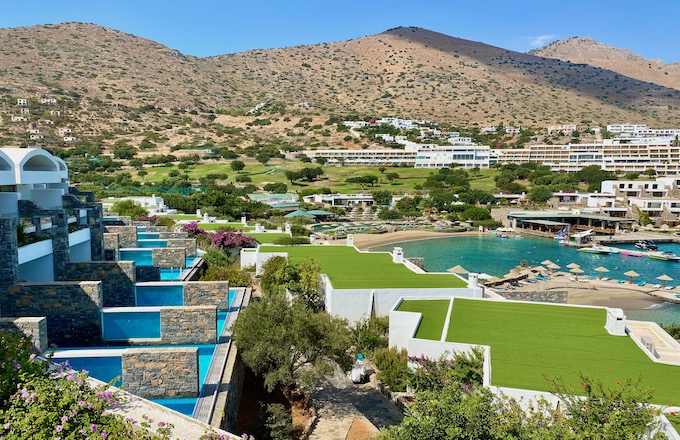 Private pools and the beach at Elounda Peninsula Resort in Elounda, Crete
