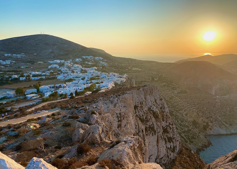 Sunset over Chora and the sea from the Church of Panagia in Folegandros