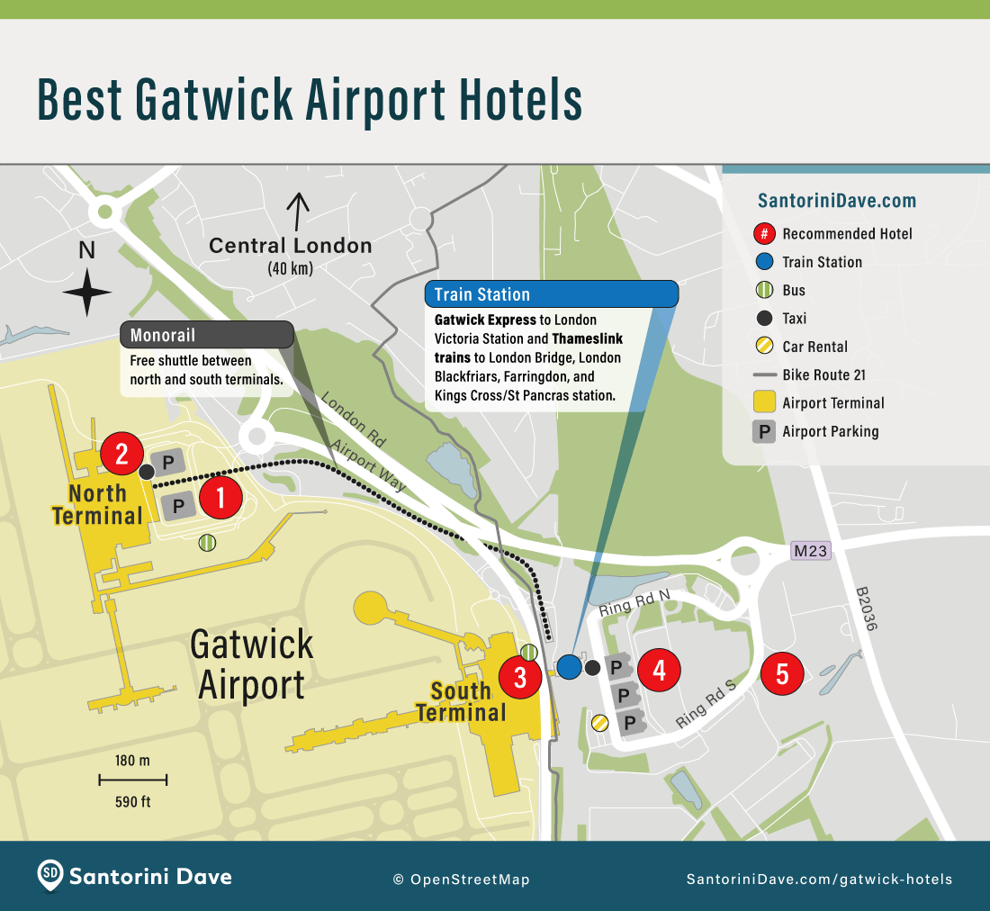 Map of hotels at London Gatwick Airport.