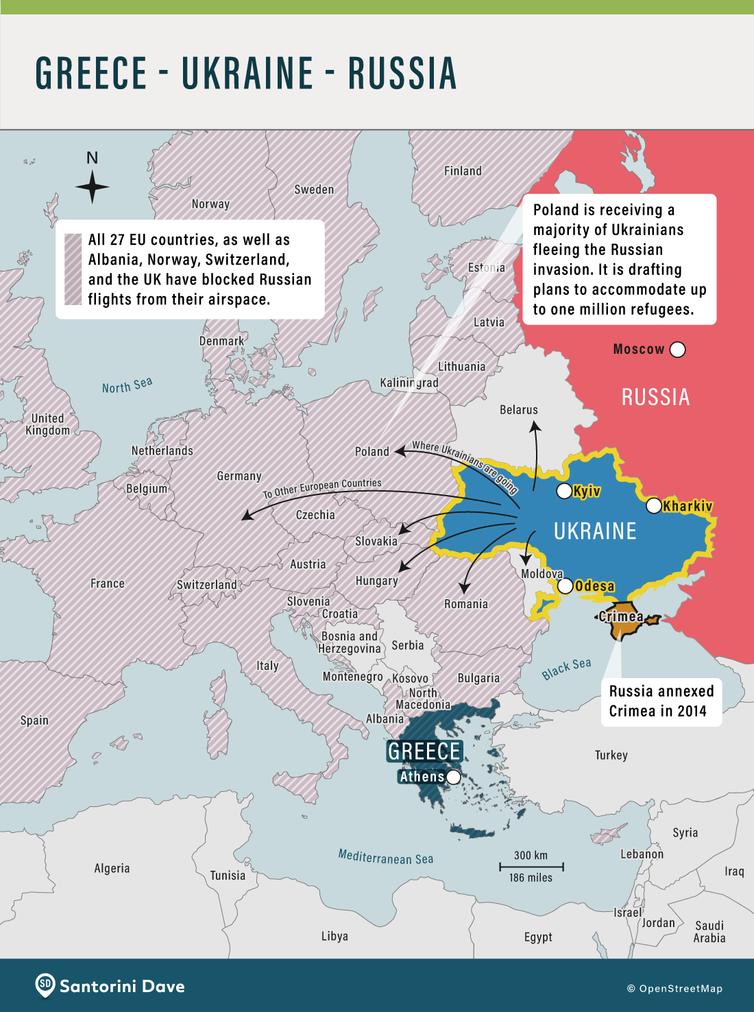 Map of Greece Ukraine Russia location and distance.