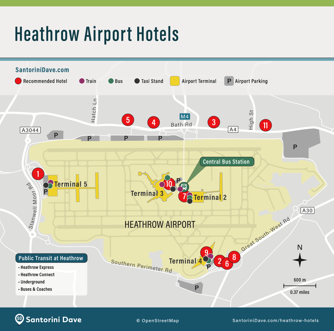 Map of Hotels near Heathrow Airport in London.