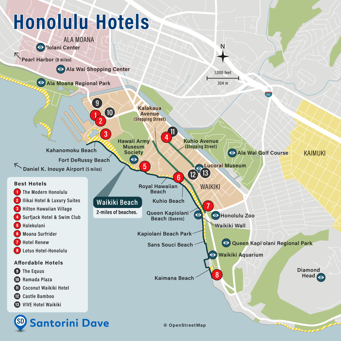 Map of Honolulu Hotels and Neighborhoods.