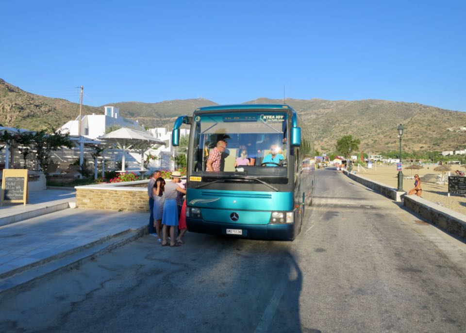 Bus stop at Mylopotas Beach in Ios.