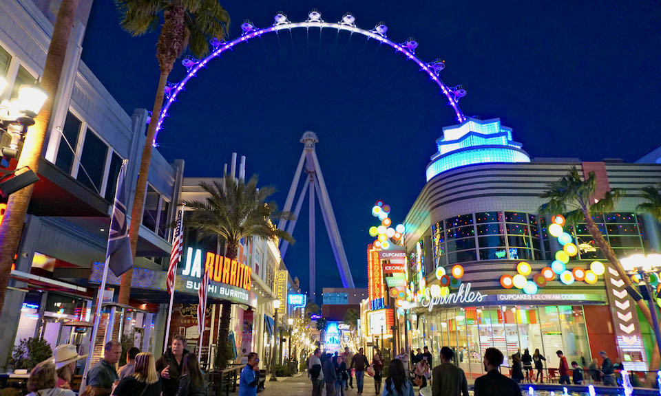 The LINQ restaurant and attractions corridor in Las Vegas at night