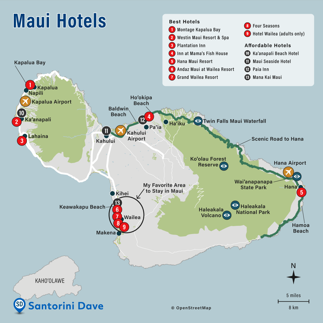 Map of Maui Hotels, Towns, and Beaches.