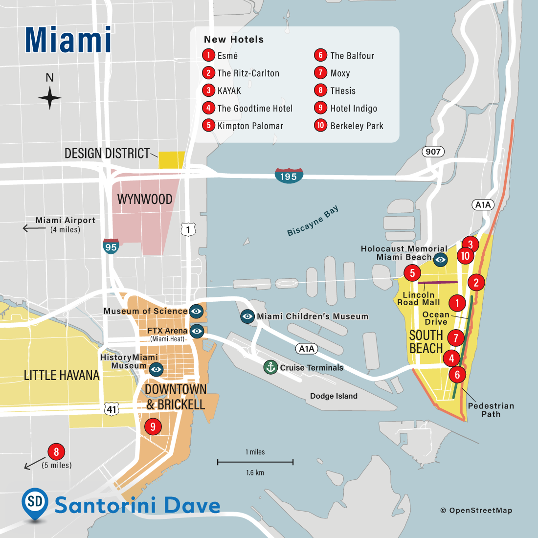Map of the best new hotels in Miami, FL.