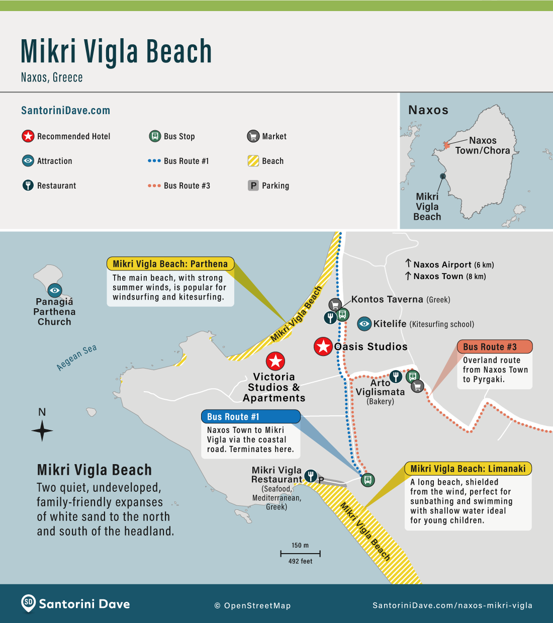 Map showing the location, amenities, hotels, and restaurants at Mikri Vigla Beach on Naxos.