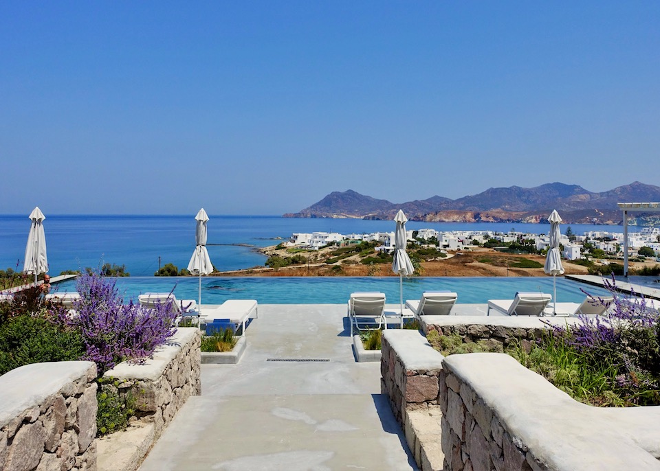 View of Pollonia village from the pool of Milos Breeze Boutique Hotel