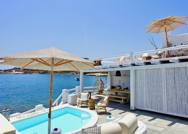 Pool and view at Captain Zeppos hotel in Pollonia, Milos