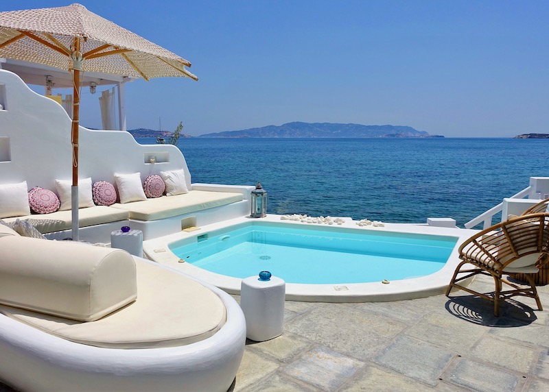 Pool and sea view at Captain Zeppos hotel in Milos