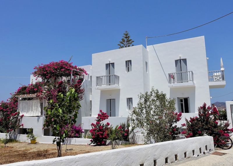Exterior and bougainvillea of Kapetan Tasos hotel in Milos