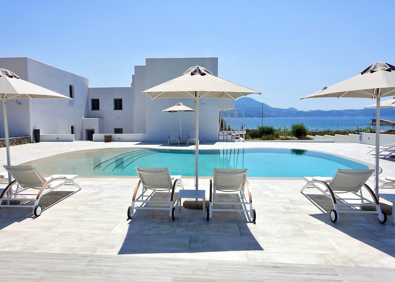 Pool and view at Olea Bay Hotel in Milos