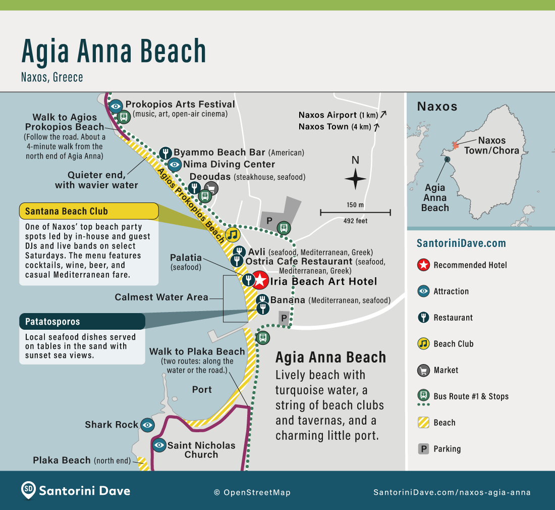 Map of restaurants and hotels at Agia Anna Beach on Naxos