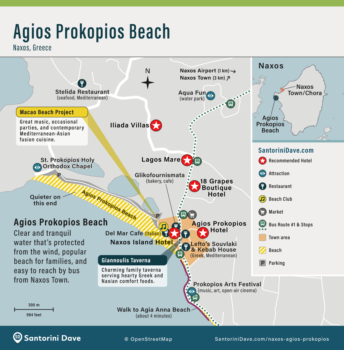 Map showing hotels, restaurants, and facilities at Agios Prokopios Beach on Naxos