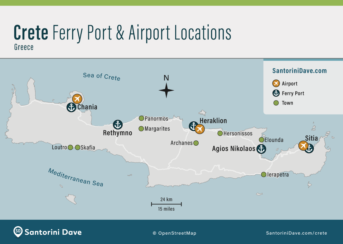 Map showing the locations of ferry ports and airports on the island of Crete