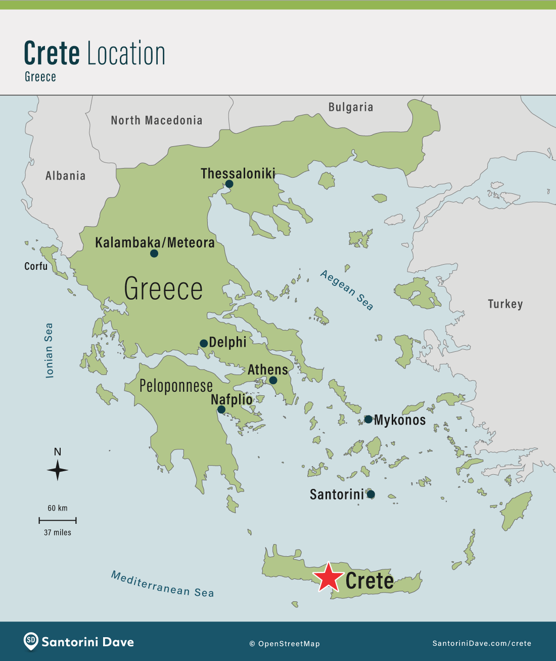 Map showing the location of the island of Crete within Europe.