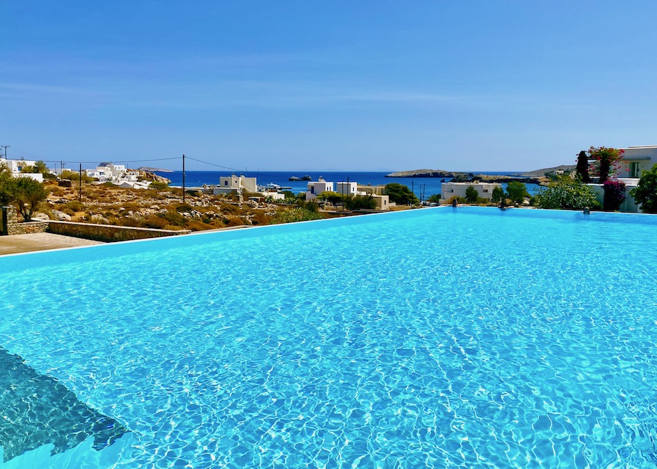 Main pool and view from Anemi Hotel in Karavostasis. Folegandros