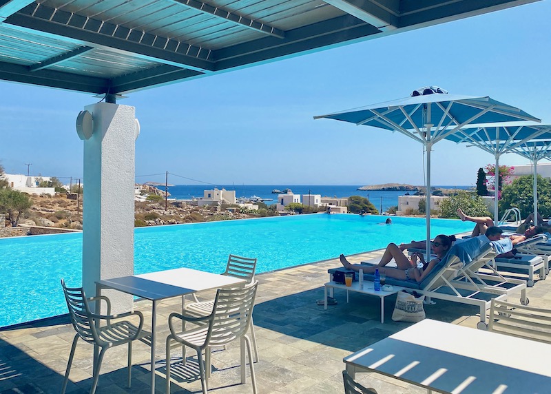 Pool and sea view from Anemi Hotel in Karavostasis, Folegandros