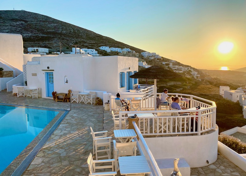 Sunset view and pool from Fata Morgana Hotel in Chora, Folegandros